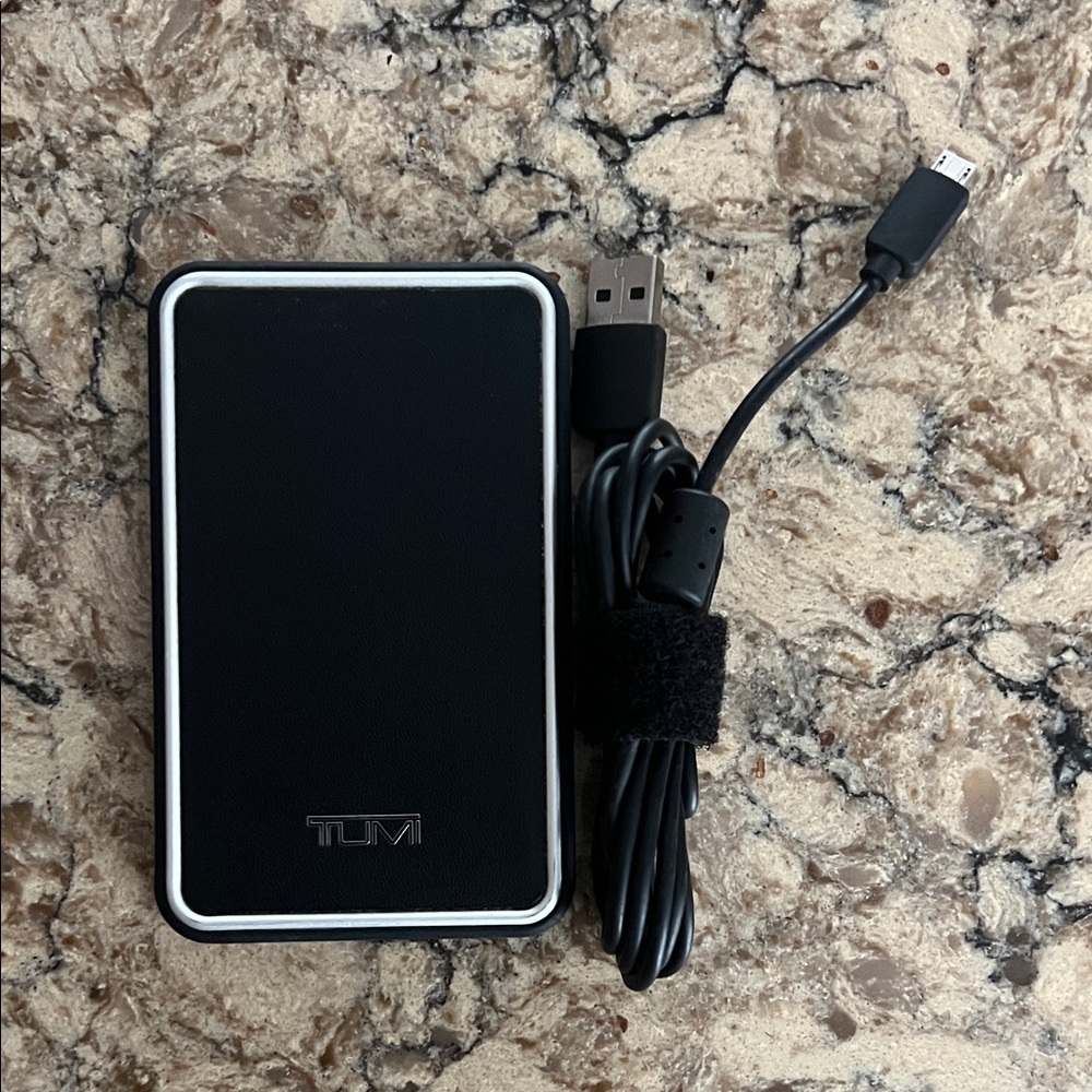 TUMI Black Leather Power Bank with USB Cable